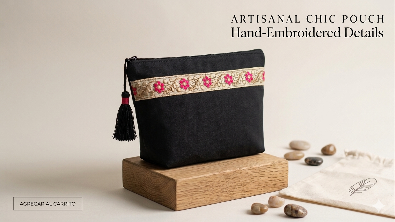 Clutch negro con cenefa bordada - bolso artesanal hecho a mano Maruchy Canarias