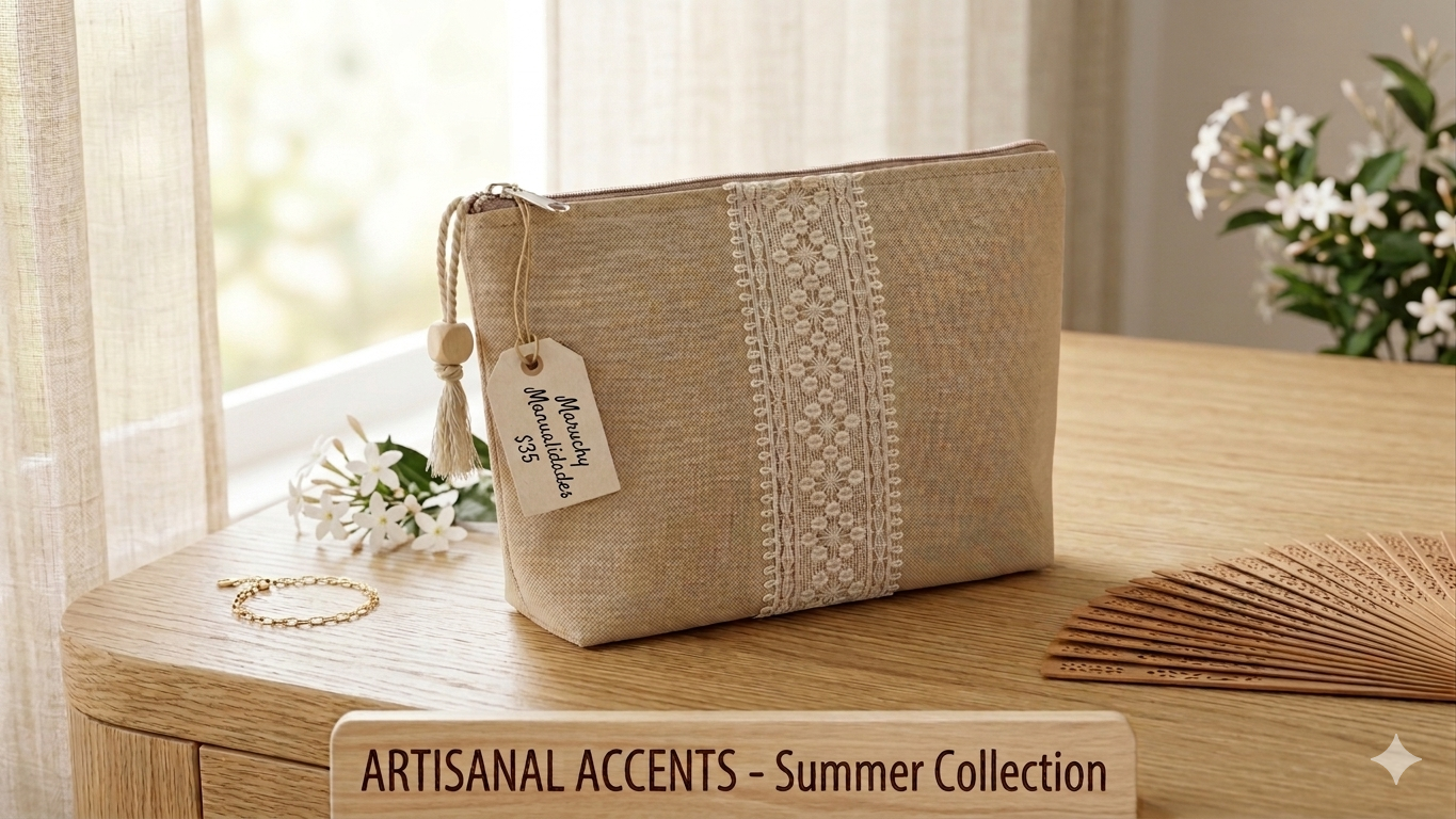 Clutch beige con puntilla central - bolso artesanal hecho a mano Maruchy Canarias