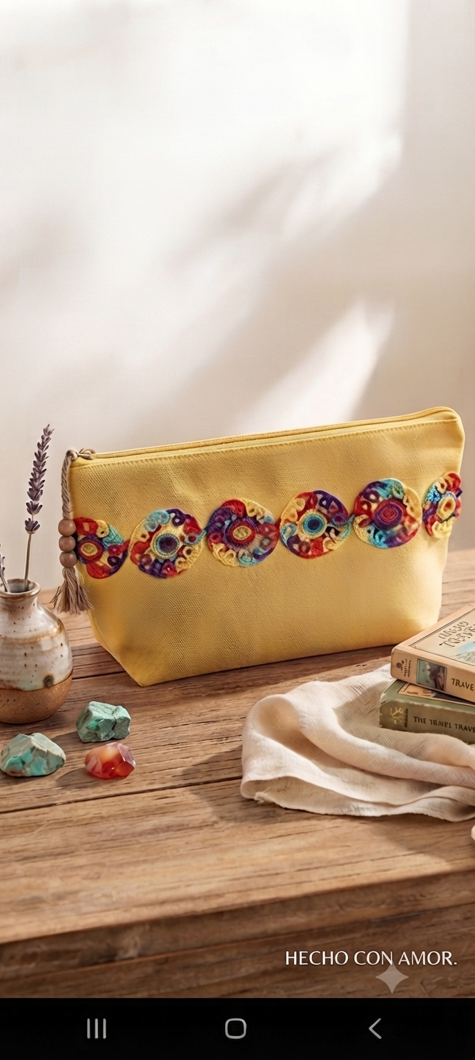 Clutch amarillo con cenefa bordada multicolor - bolso artesanal hecho a mano Maruchy Canarias