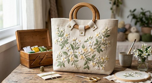 Bolso tote beige con flores bordadas - bolso artesanal hecho a mano Maruchy Canarias
