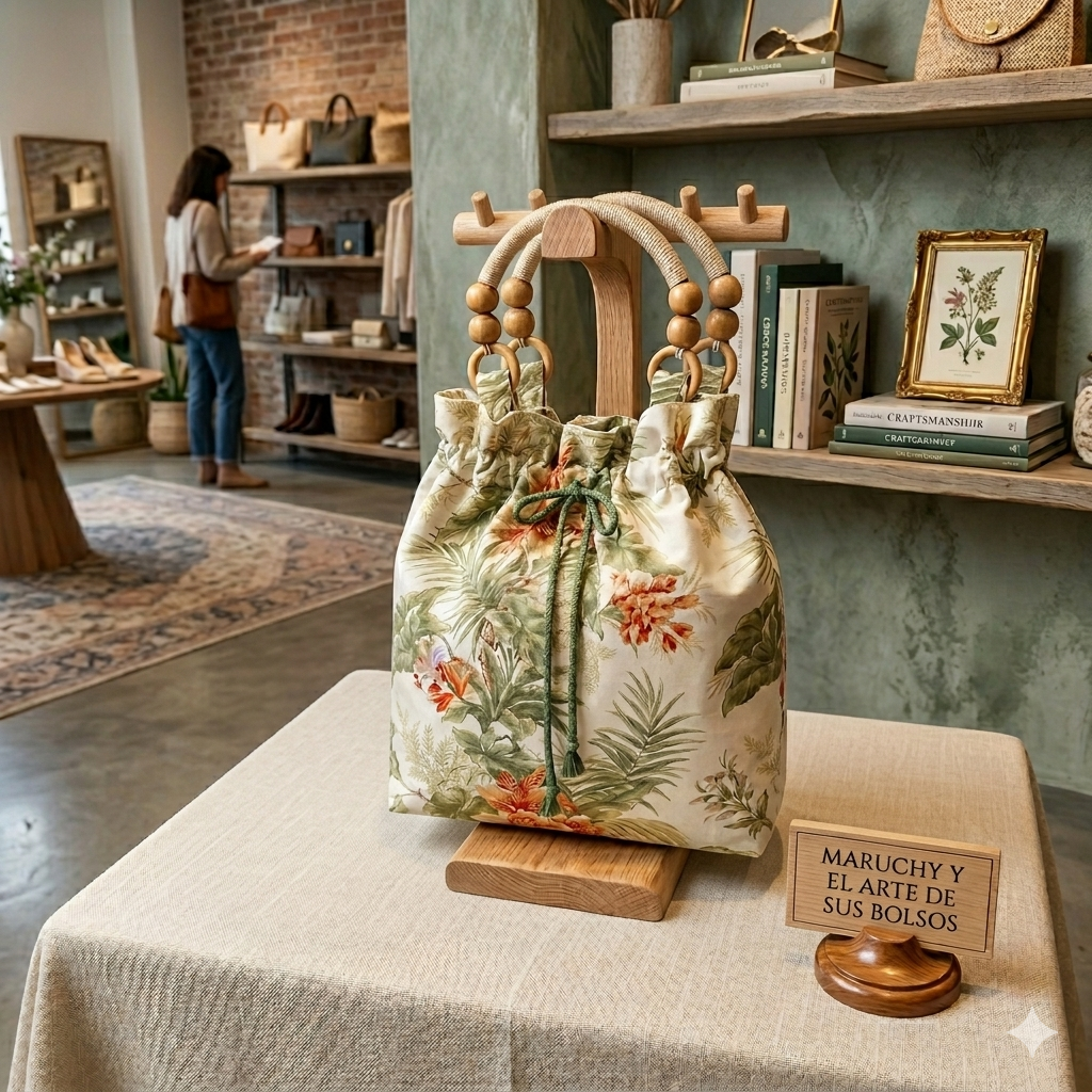 Bolso saco tropical con asas de madera - bolso artesanal hecho a mano Maruchy Canarias
