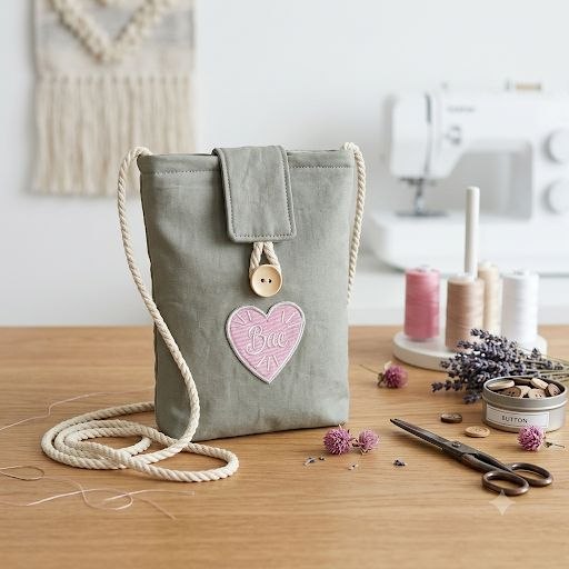 Funda de móvil verde caqui con corazón bordado - bolso artesanal hecho a mano Maruchy Canarias