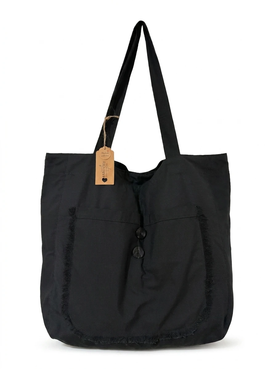 Tote negro con flecos - bolso artesanal hecho a mano Maruchy Canarias
