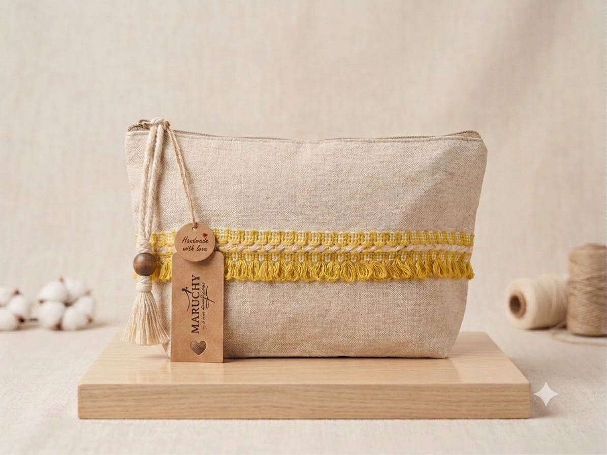 Neceser lino beige mostaza - bolso artesanal hecho a mano Maruchy Canarias