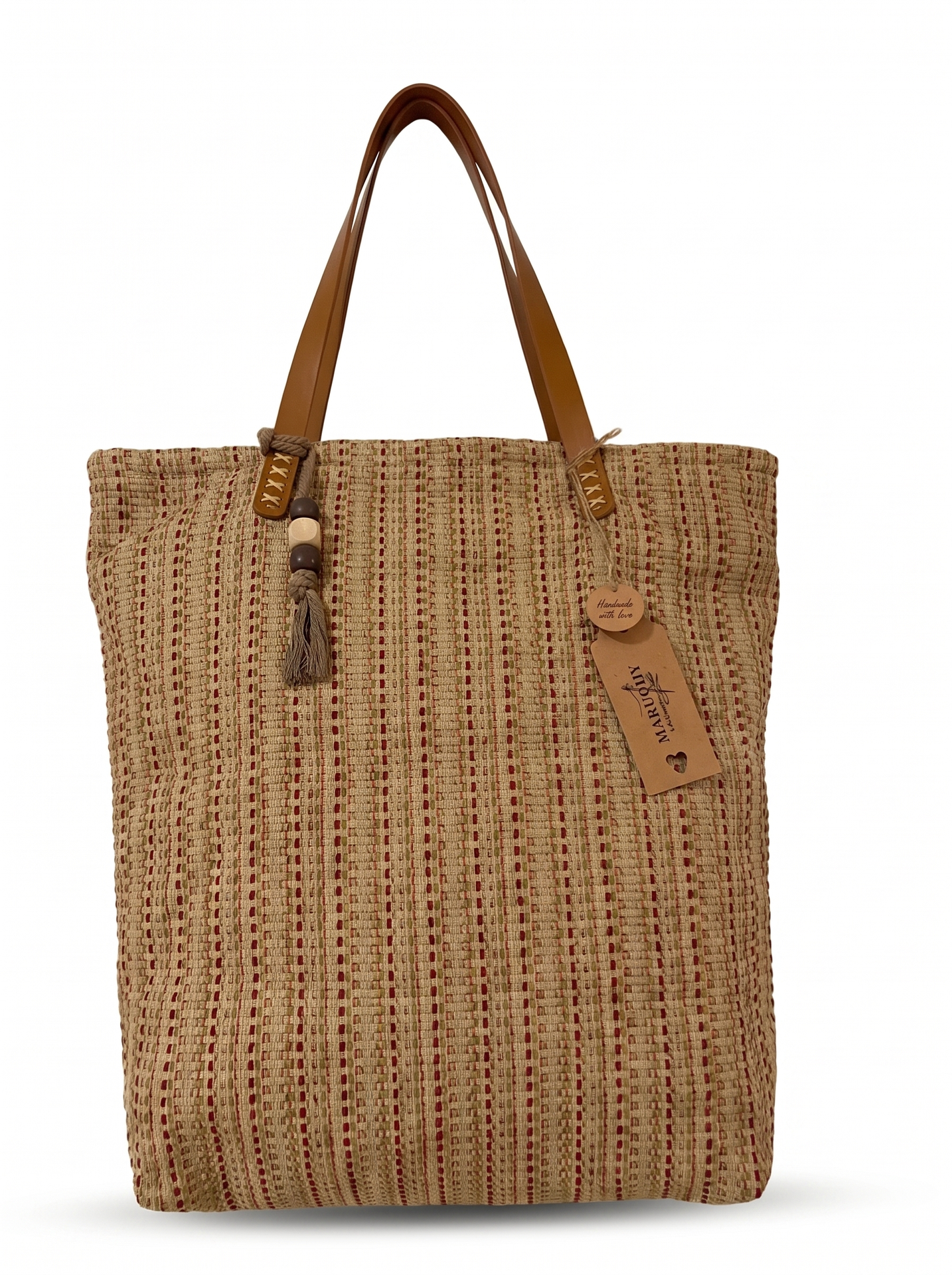 Tote tejido tostado con borla - bolso artesanal hecho a mano Maruchy Canarias