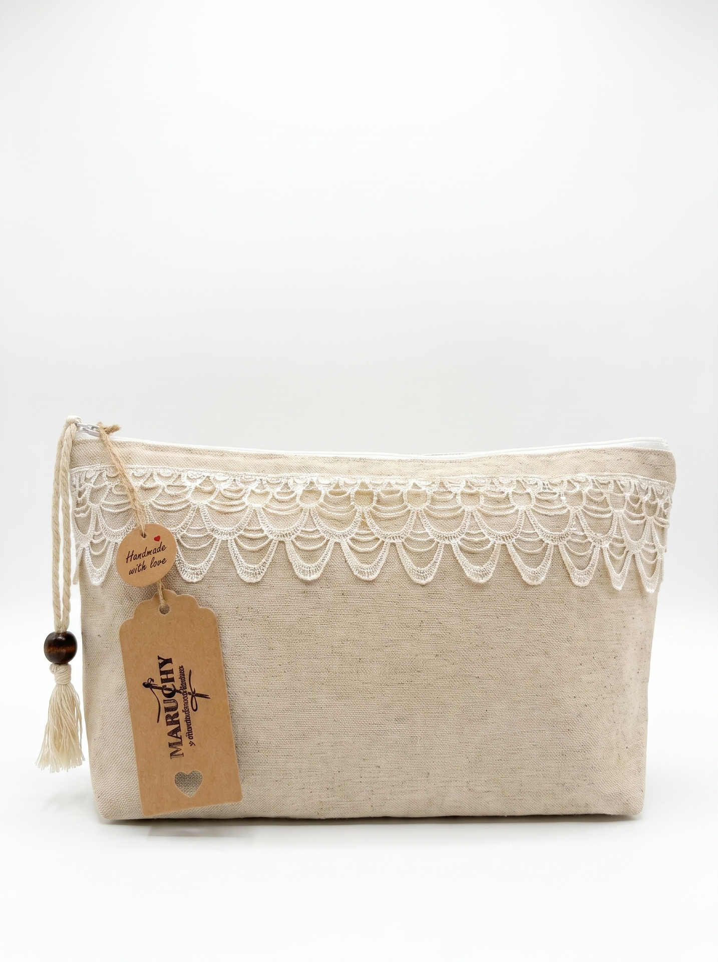 Neceser lino crudo con puntilla - bolso artesanal hecho a mano Maruchy Canarias