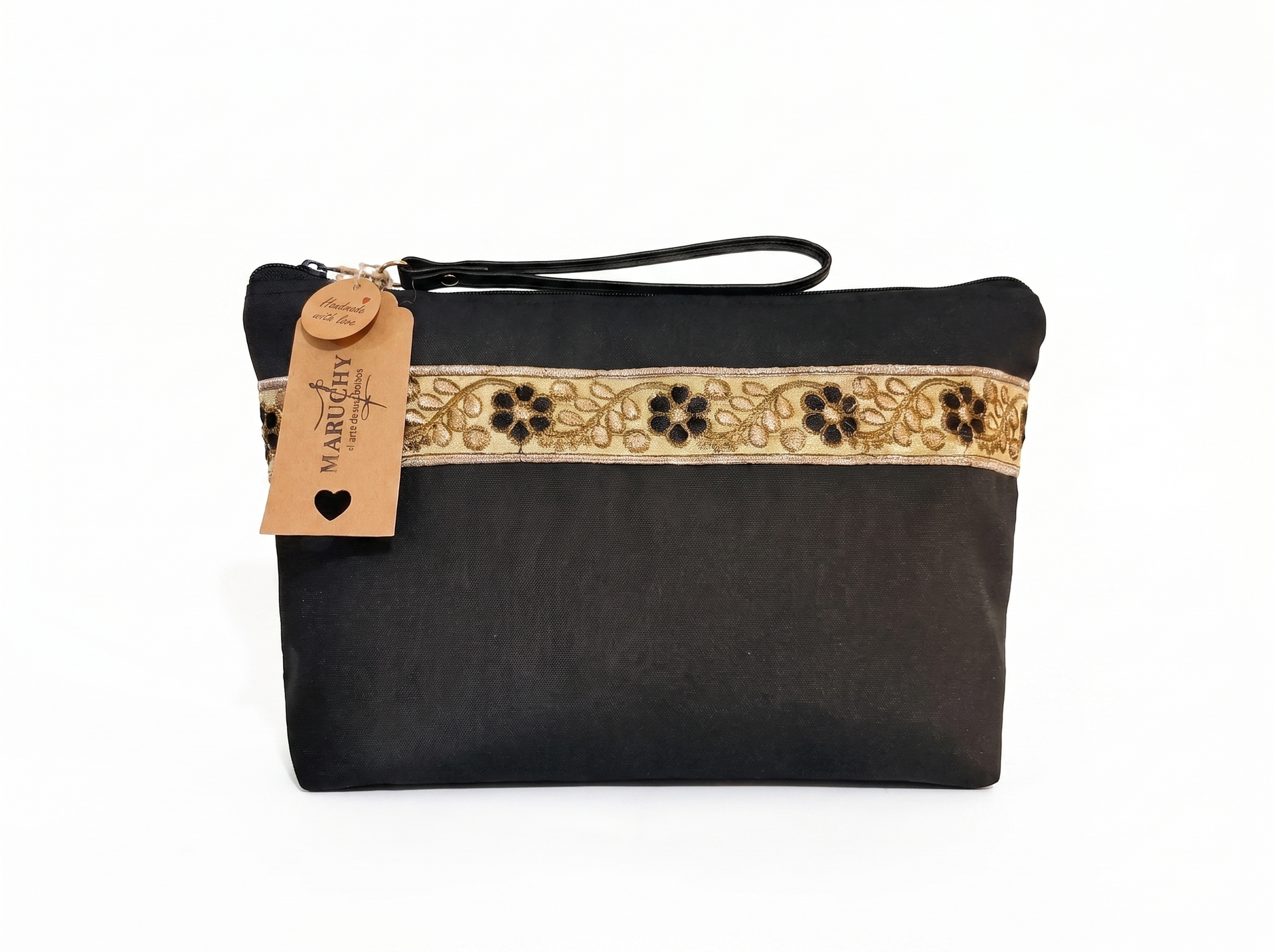Clutch negro ribete floral dorado - bolso artesanal hecho a mano Maruchy Canarias