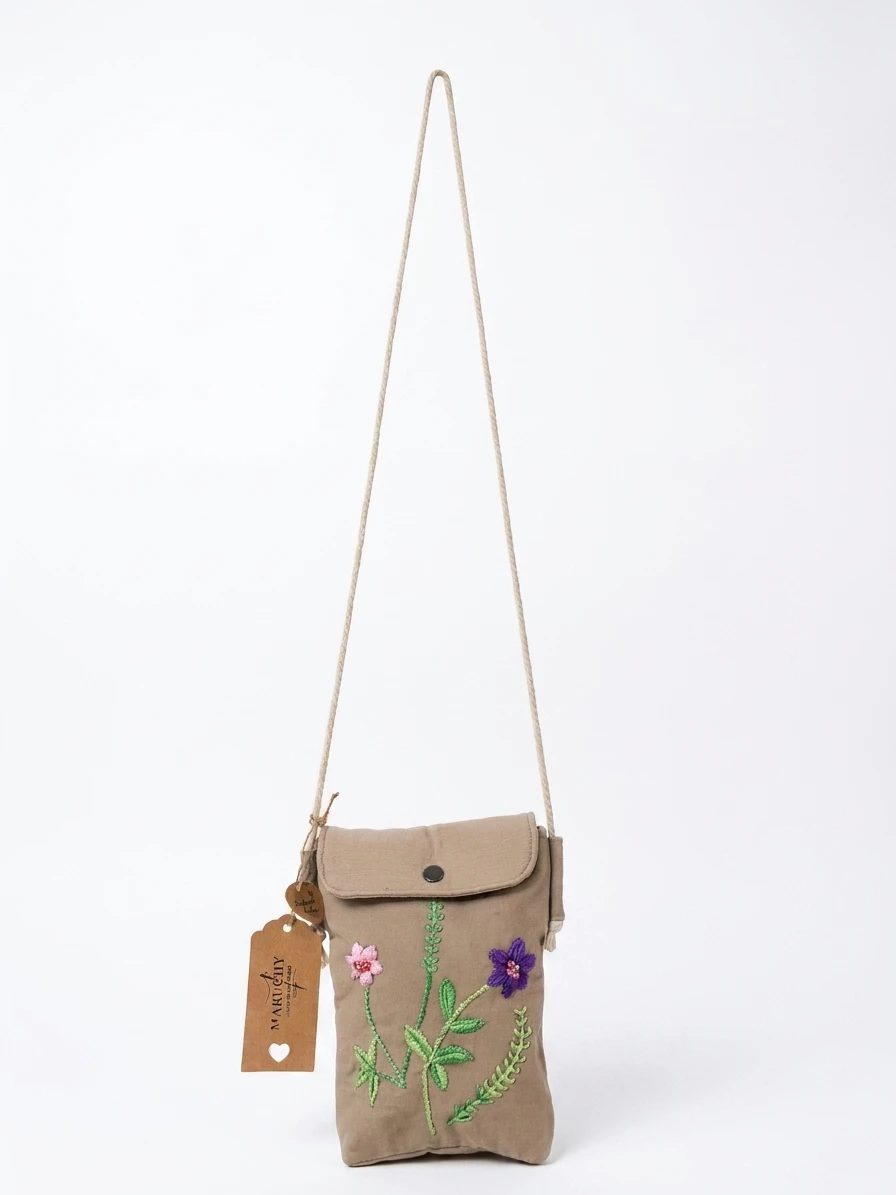 Bandolera beige bordado floral - bolso artesanal hecho a mano Maruchy Canarias