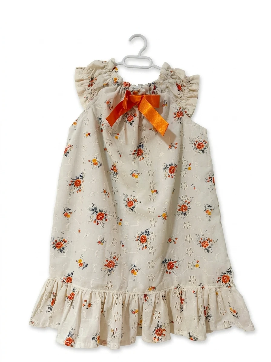 Crudo floral con lazo naranja - vestido de ceremonia para niña hecho a mano Maruchy Canarias