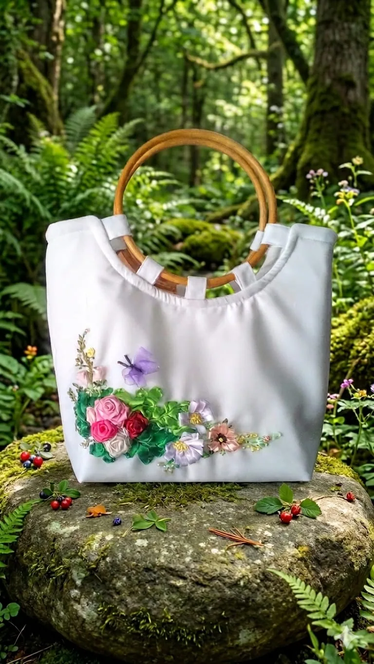Bolso artesanal blanco con flores bordadas