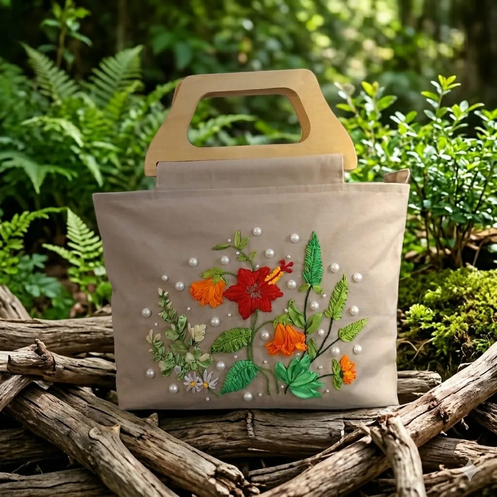 Bolso bordado floral con perlas y asa de madera
