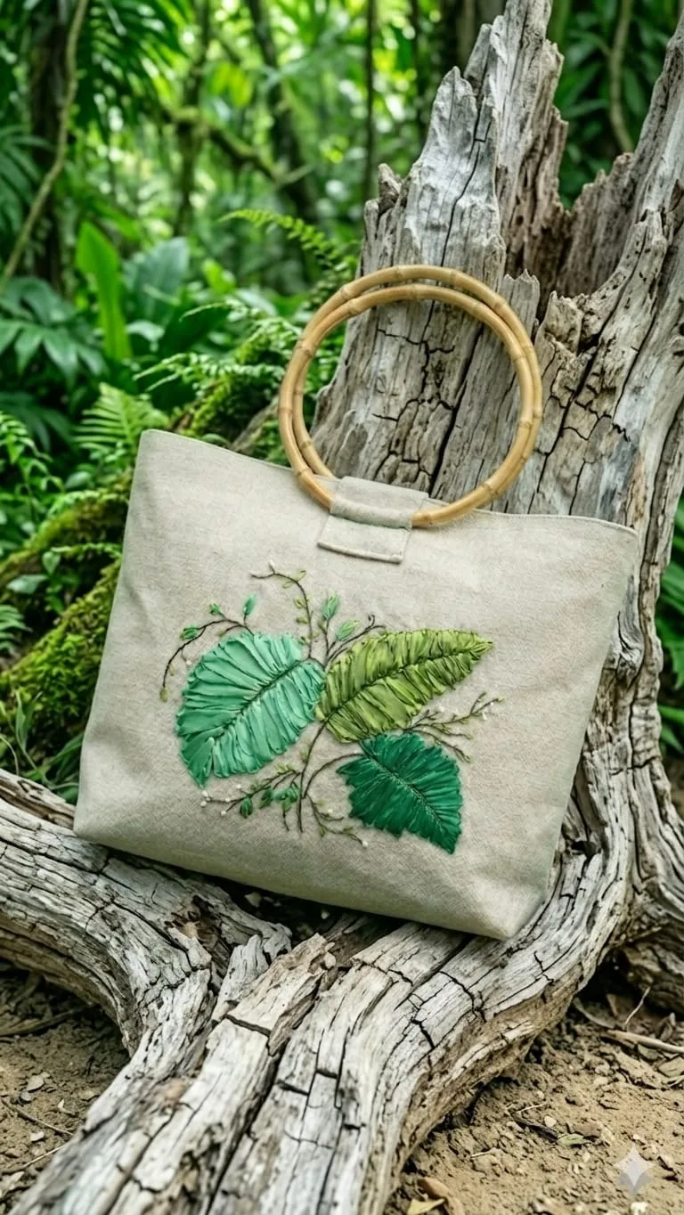 Bolso artesanal bordado con hojas tropicales y asa de bambú – Maruchy