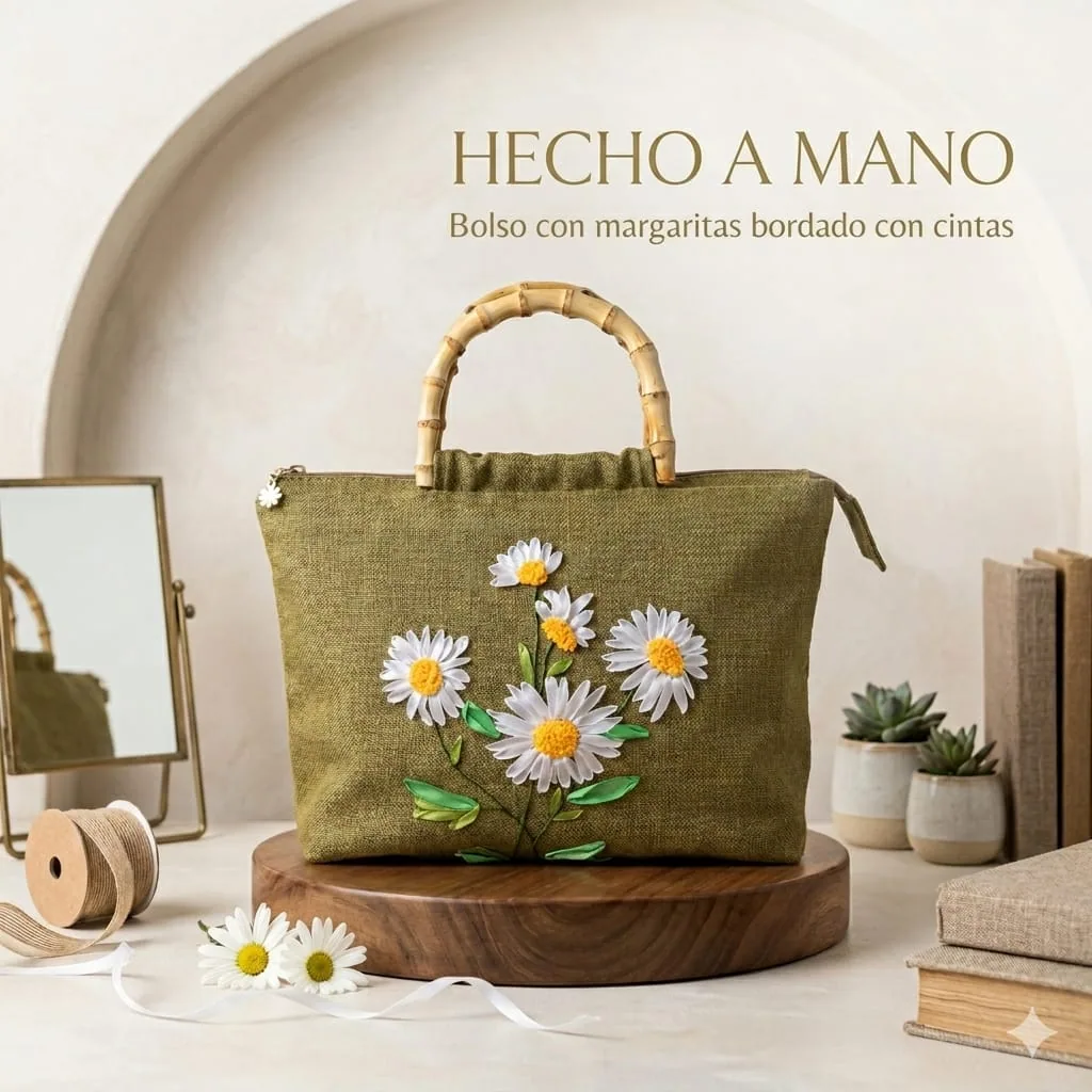 Bolso artesanal hecho a mano con bordado de margaritas y asa de bambú – Maruchy