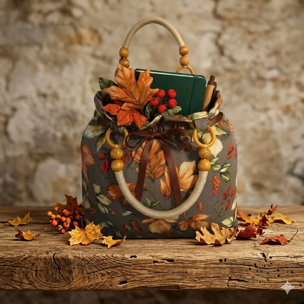 Bolso saco estampado otoñal con cuentas