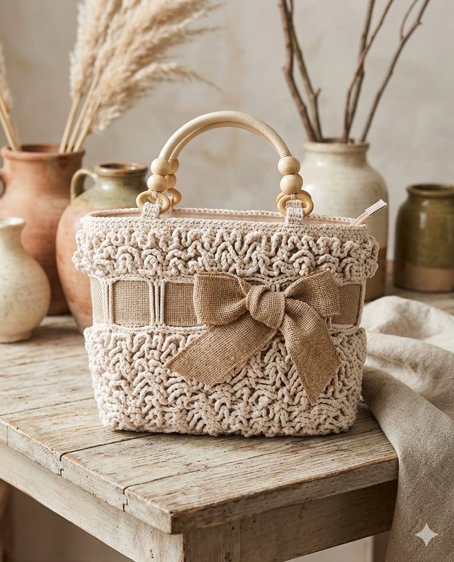 Bolso de ganchillo beige con lazo y asa de madera hecho a mano