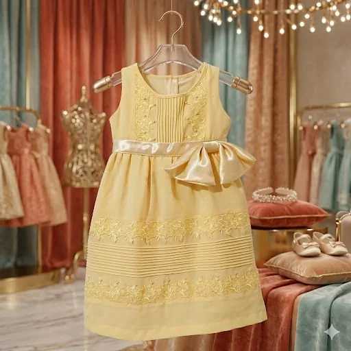 Vestido de ceremonia para nina en amarillo dorado con bordado floral y lazo satinado