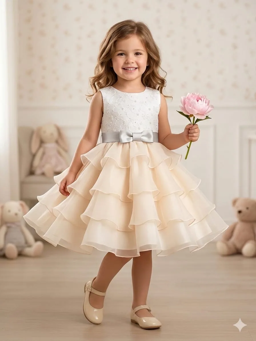 Vestido de ceremonia para nina en color crema con volantes y lazo, confeccion artesanal