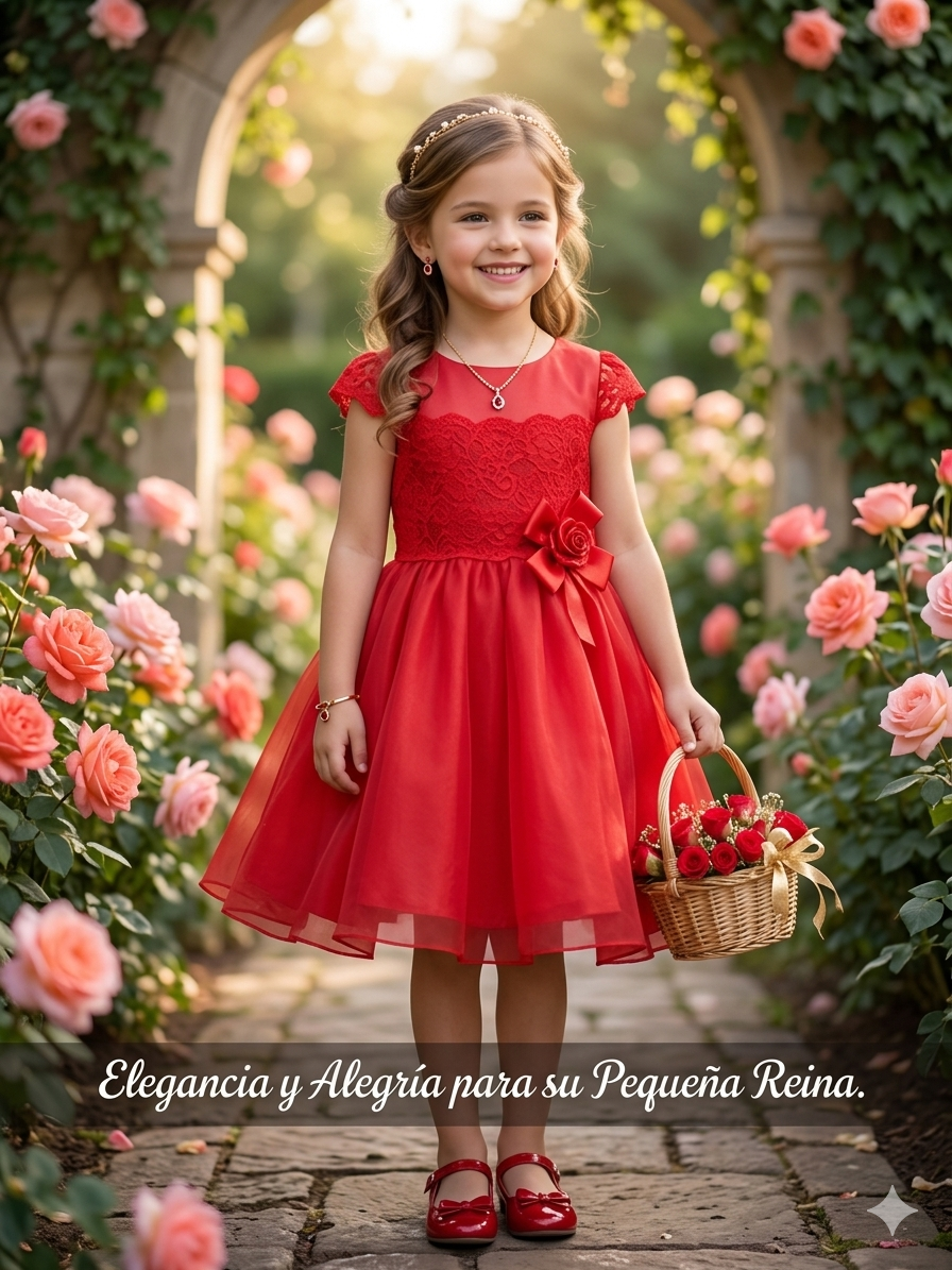 Vestido de ceremonia para niña en rojo con falda vaporosa en un jardín de rosas