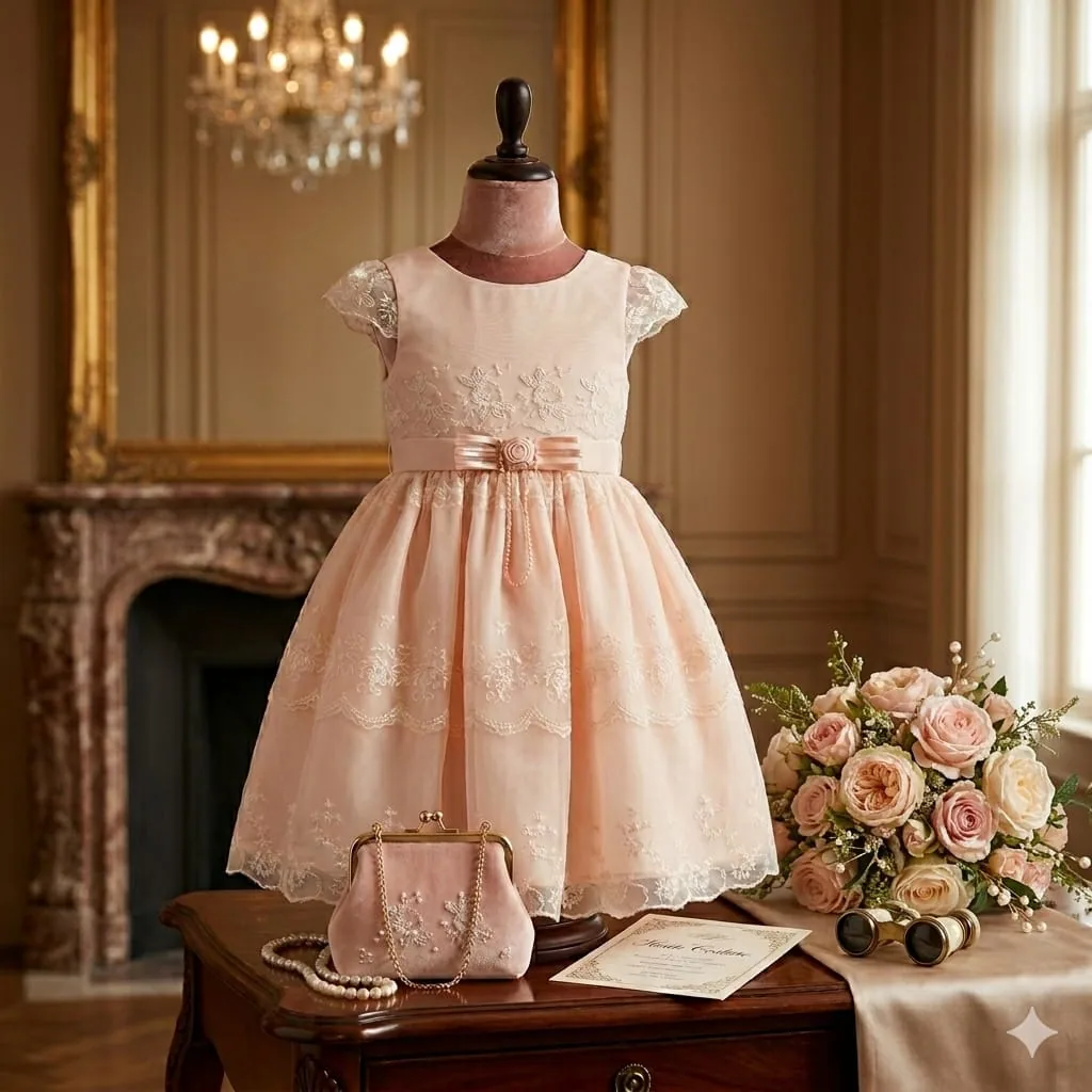 Vestido de ceremonia en rosa empolvado con encaje