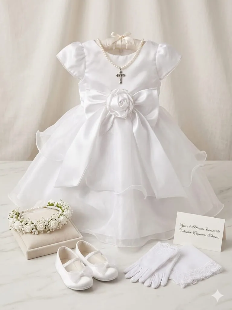 Vestido de comunion para nina en blanco con lazo central, perlas y complementos a juego