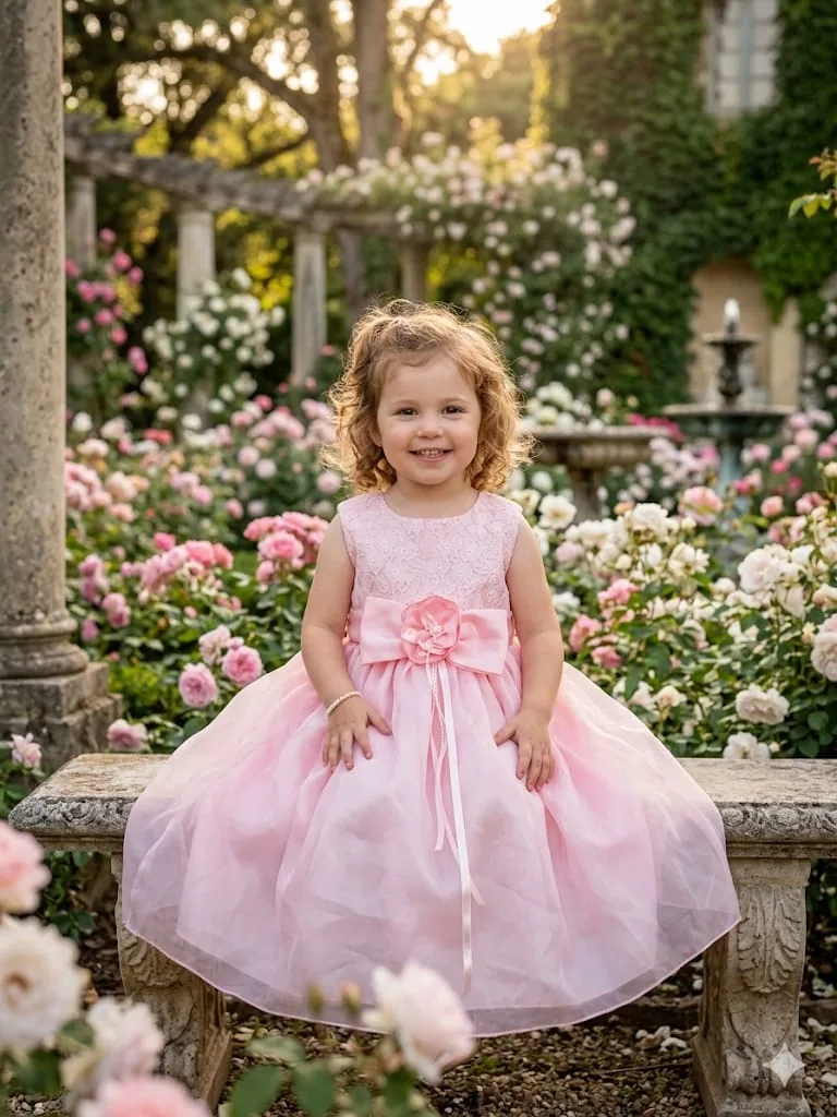 Vestido rosa para nina en jardin de flores, ideal para ceremonia o fiesta especial